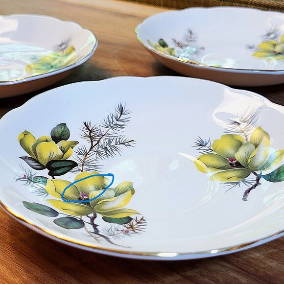 Vintage Regency English Bone China Saucers, Yellow Magnolia Gold Trim, Set of 3 - Picture 10 of 10